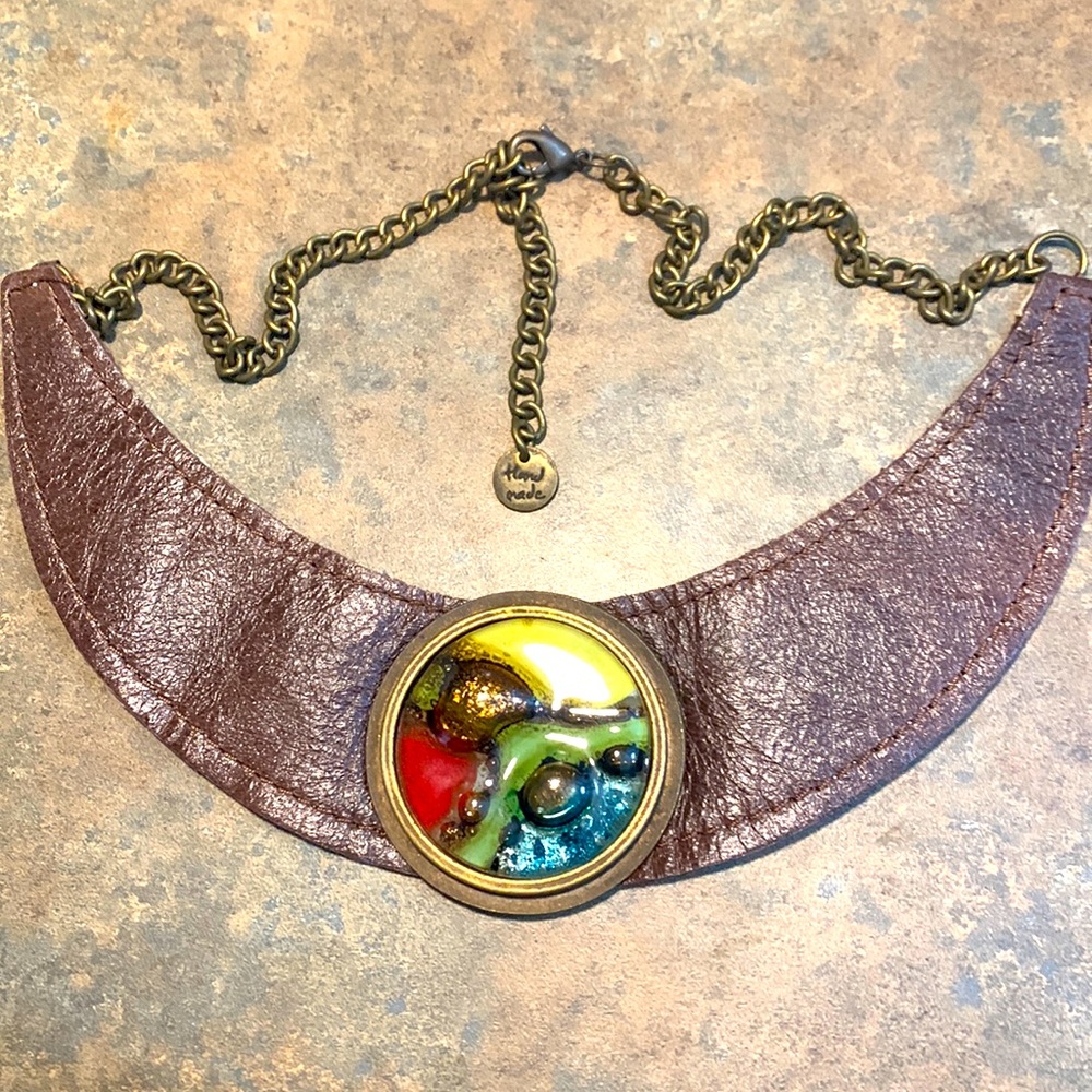 New Handmade Brown Leather Statement Necklace w/Fused Glass